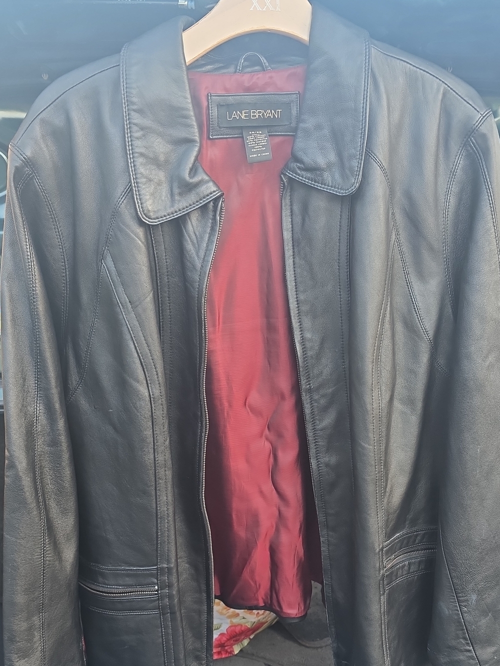 Lane Bryant Black Leather Jacket with Burgundy Lining